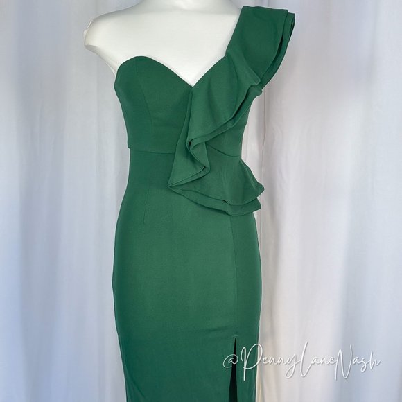 Hello Molly Caruso Ruffle One Shoulder Bodycon Dress Green - Picture 3 of 13